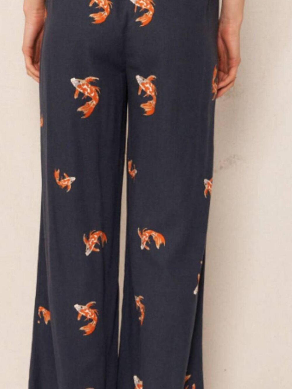 Women's Navy Blue Koi Print Linen Pants - Picture 4 of 4